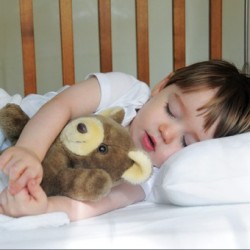 Sleeping child in crib with teddy bear